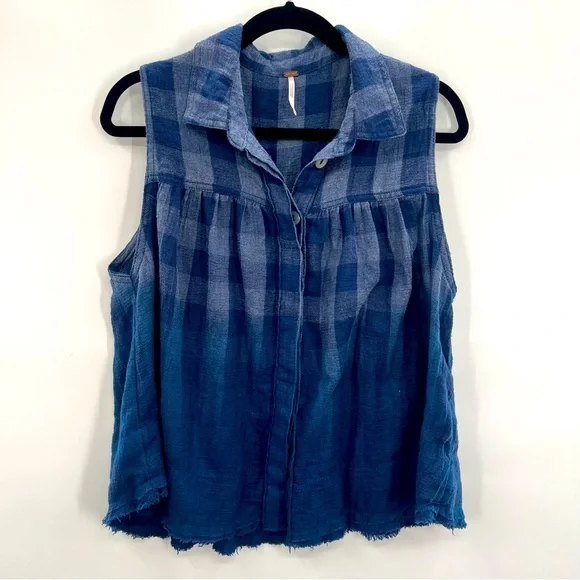 Free People Hey There Sunrise Button Down Gingham Sleeveless Shirt Blue M - Picture 5 of 15
